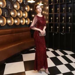 DEERVEADO Mermaid Evening Dress Beaded Long Formal Dress Women's Bodycon Maxi Dress Evening Party Gown