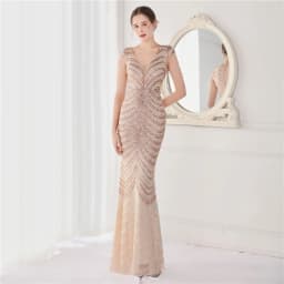 DEERVEADO Elegant V Neck Mermaid Evening Dress Long Luxury Beads Women Prom Party Dresses Formal Occasion Dress 19085