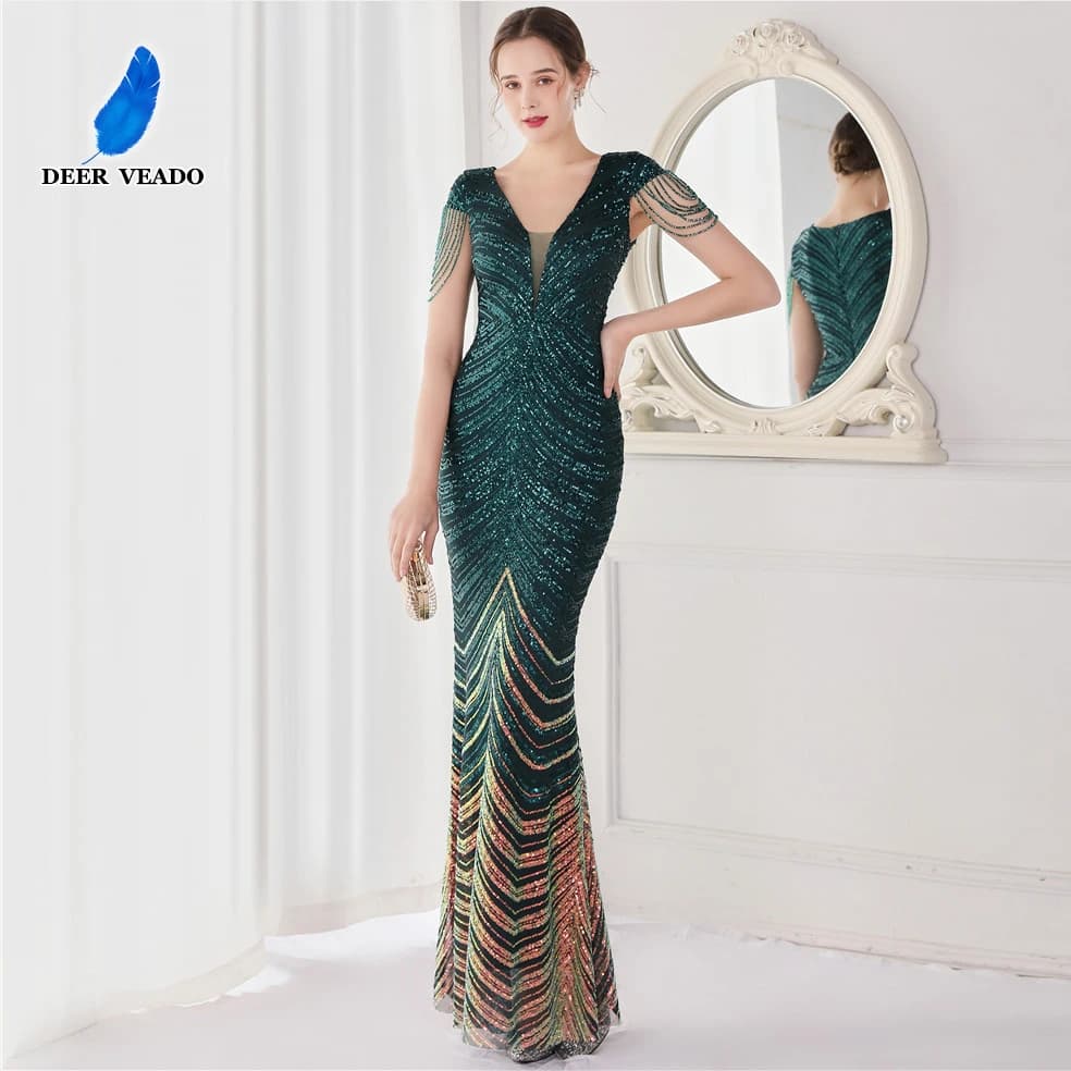 DEERVEADO Elegant V Neck Mermaid Evening Dress Long Luxury Beads Women Prom Party Dresses Formal Occasion Dress 19085