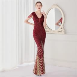 DEERVEADO Elegant V Neck Mermaid Evening Dress Long Luxury Beads Women Prom Party Dresses Formal Occasion Dress 19085