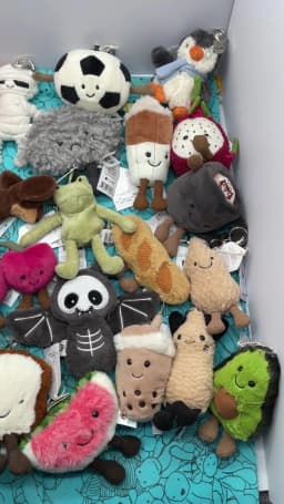 JC Golf ball plush keychain, grape keychain, jellyfish plush toy, hippopotamus, and plush elephant JC bag keychain