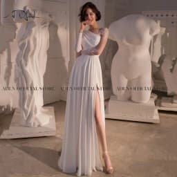 ADLN Asymmetric Chiffon Beach Wedding Dresses Side Slit Long Sleeves Boho Bride Dress Custom Made Gown Robe de Mariage
