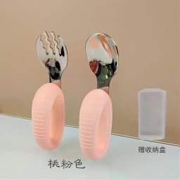 New Training Easy to Grip Short Handle Baby Stainless Steel Fork Spoon Set with Silicone Tips for Toddlers Learning Molars
