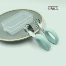 New Training Easy to Grip Short Handle Baby Stainless Steel Fork Spoon Set with Silicone Tips for Toddlers Learning Molars