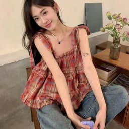 Y2K Hot Women Summer Acubi Japan Vintage Gyaru Tanks & Camis Lace Up Green Crop Top Plaid Strap Sleeveless Tank Tops Clothes
