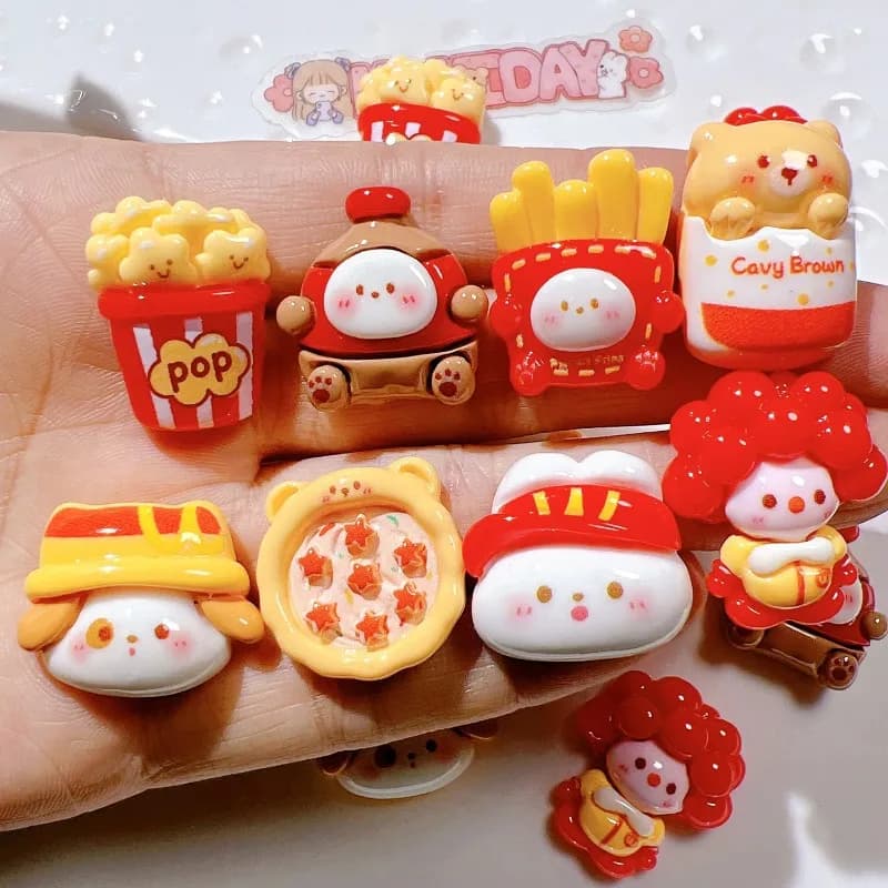 10Pcs Cartoon Pizza Rabbit Fries Flatback Resin Cabochon Scrapbooking Phone Accessories DIY Fake Food Craft Supplies Decoration