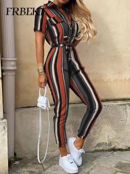 Overalls for Women Casual Lapel Lace-up Print Belt Work Jumpsuit Women One Pieces Bodysuit Women Chic and Elegant Long Jumpsuits