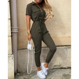 Overalls for Women Casual Lapel Lace-up Print Belt Work Jumpsuit Women One Pieces Bodysuit Women Chic and Elegant Long Jumpsuits