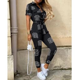 Overalls for Women Casual Lapel Lace-up Print Belt Work Jumpsuit Women One Pieces Bodysuit Women Chic and Elegant Long Jumpsuits