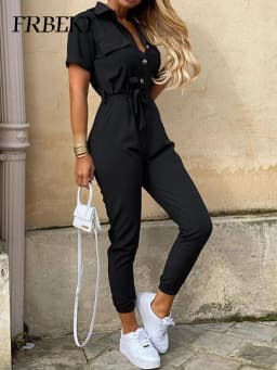 Overalls for Women Casual Lapel Lace-up Print Belt Work Jumpsuit Women One Pieces Bodysuit Women Chic and Elegant Long Jumpsuits