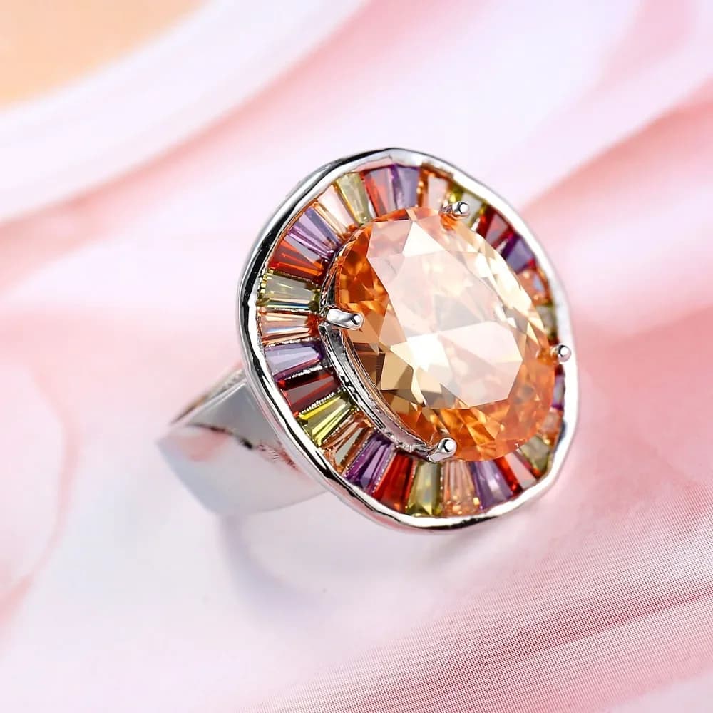 New Statement Bridal Big Round Colorful CZ Finger 925 Sterling Silver Rings Champagne Cubic Zircon Jewelry for Women Party Gift