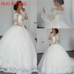 Luxury Lace Appliques Long Sleeves Wedding Dresses Princess Vestido de Noiva Sweep Train Boat Neck Off The Shoulder Bridal Gowns