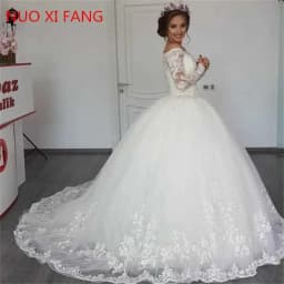 Luxury Lace Appliques Long Sleeves Wedding Dresses Princess Vestido de Noiva Sweep Train Boat Neck Off The Shoulder Bridal Gowns