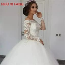 Luxury Lace Appliques Long Sleeves Wedding Dresses Princess Vestido de Noiva Sweep Train Boat Neck Off The Shoulder Bridal Gowns