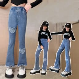 New Fashion Teenage Girls Jeans Pants Bead Lace Denim Girl Trousers Children's Stretch Waist Solid Pants Casual Bell-bottoms