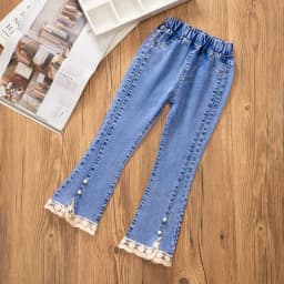 New Fashion Teenage Girls Jeans Pants Bead Lace Denim Girl Trousers Children's Stretch Waist Solid Pants Casual Bell-bottoms