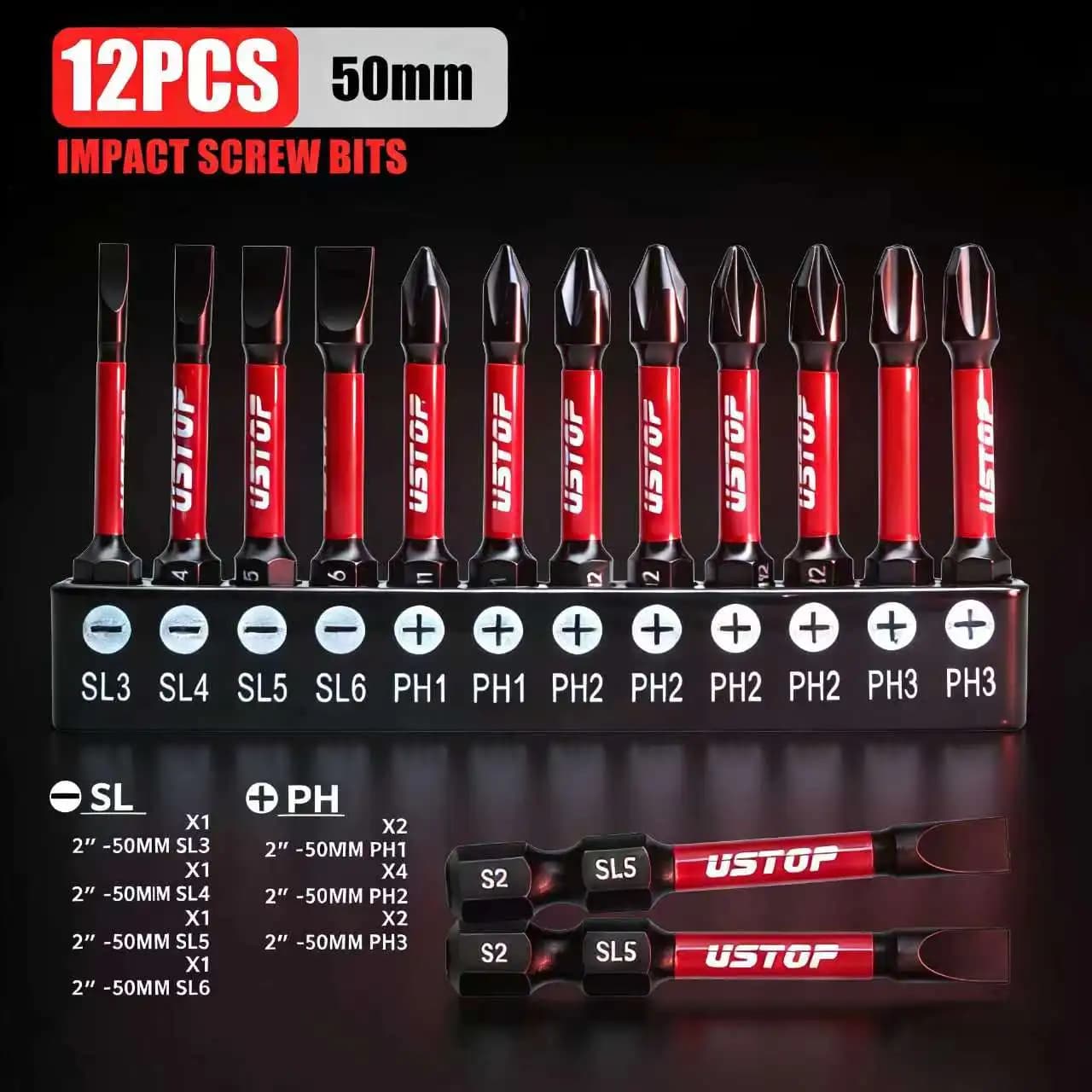 Ustop, 12-Piece Set of Sl and Ph Impact Screwdriver Bits, 50mm, Magnetic Bits, S2 Steel Material, Universal 1/4' Hex Shank Compa