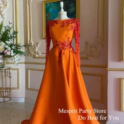 Orange Evening Dress Long Sleeves Beading Applique Scoop Neck Sweep Train A Line Satin Prom Gown Formal Party Dresses 2025