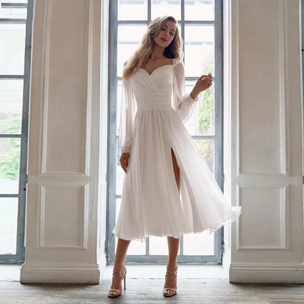 Simple Chiffon Tea-Length Wedding Dress Sweetheart and Long Sleeve Side Split Bride Gowns Sexy Backless Pleat Bridal Customized