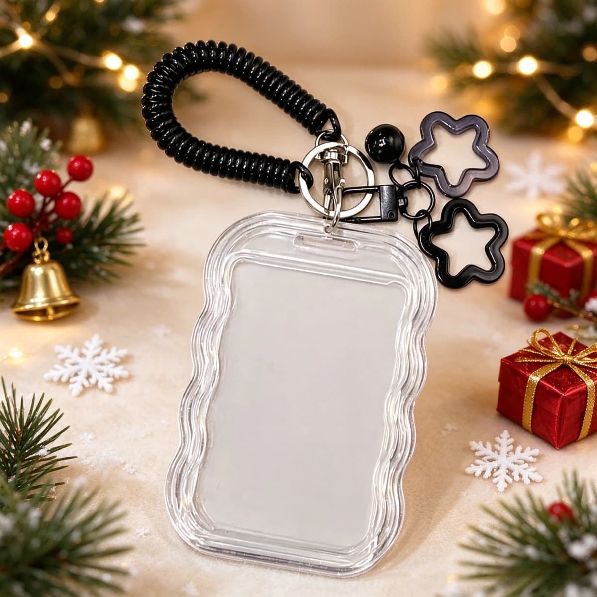 Heavy Duty Expandable ID Badge Holder Keychain Wrist Strap Clear PVC Anti-Theft Card Case Student Campus Xmas Stocking Stuffers
