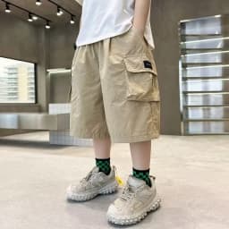 Summer New Teen Boys Cargo Shorts Solid Color Thin Big Pocket Loose Fit Five-Point Pants For 4-14 Years Kids Casual Trousers