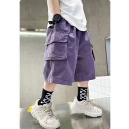 Summer New Teen Boys Cargo Shorts Solid Color Thin Big Pocket Loose Fit Five-Point Pants For 4-14 Years Kids Casual Trousers