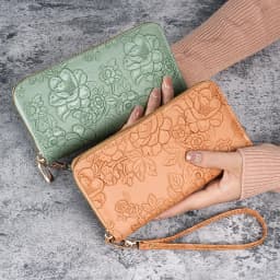 Floral Embossed Leather Women's Long Wallet - Phone Slot Credit Card Holder, Trendy Coin Clutch Purse with Hand-painted Design