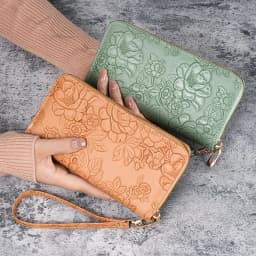 Floral Embossed Leather Women's Long Wallet - Phone Slot Credit Card Holder, Trendy Coin Clutch Purse with Hand-painted Design