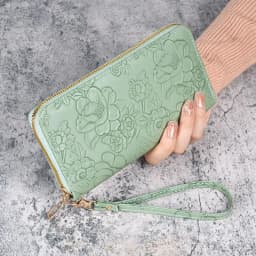 Floral Embossed Leather Women's Long Wallet - Phone Slot Credit Card Holder, Trendy Coin Clutch Purse with Hand-painted Design