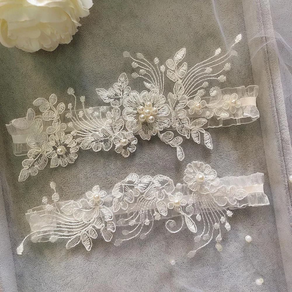 K03 2 PCS Sexy Lace Flower Crystal Pearls Wedding Garter Belt Thigh Ring Bridal Leg Garter Stocking Garter Belt Girl Women