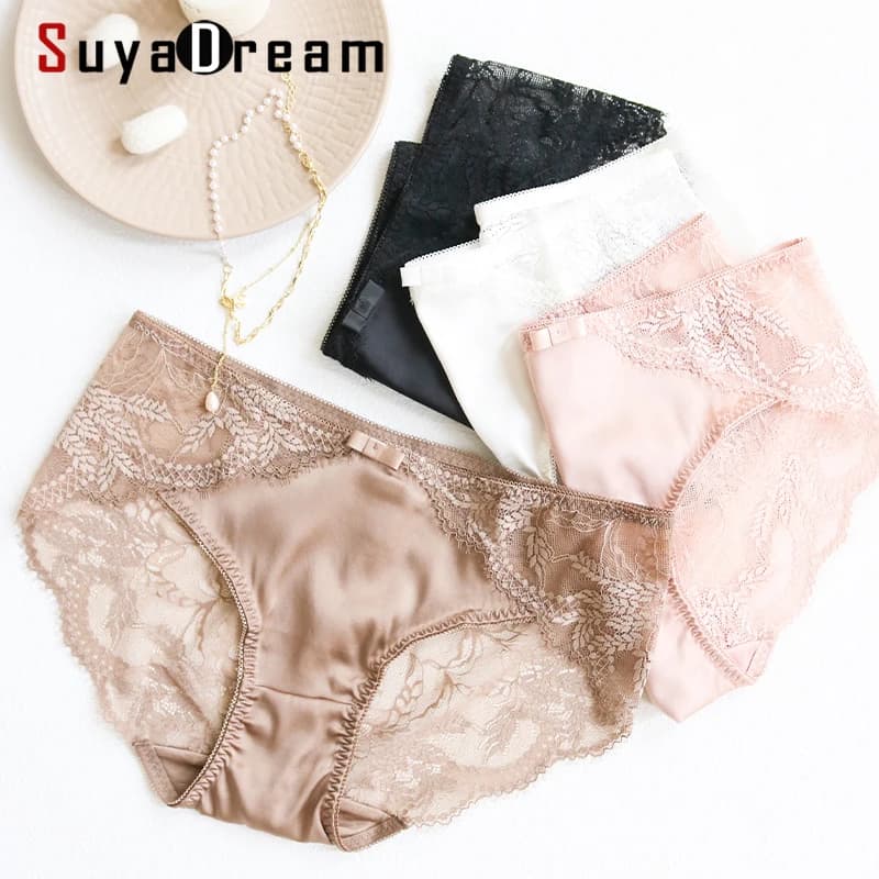 SuyaDream Women's Panties 2pcs/Lot 100% Natural Silk Lined Sexy Lace Briefs Daily Wear Comfortable Intimate Underwear Pink White