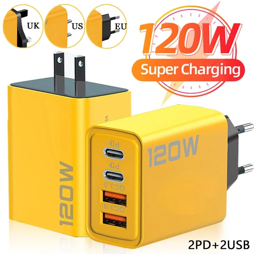 120W 4 Ports USB C Fast Charger PD Quick Charge 3.0 Wall Phone Adapter Universal Travel Charging Plug for iPhone Samsung Xiaomi