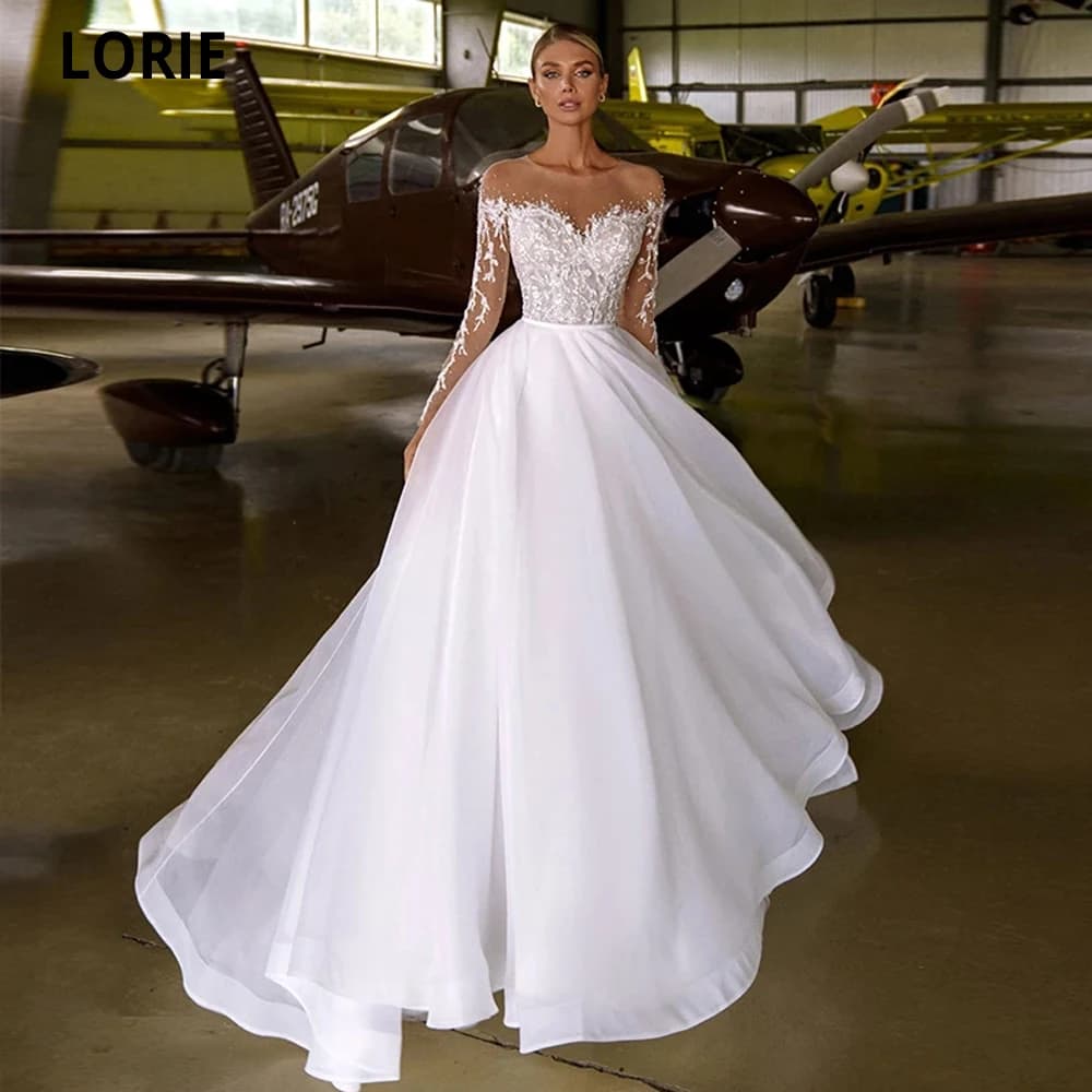 LORIE A-Line Bohemian Wedding Dress Charming Lace Applique Beads O-neck Organzeda Tulle Long Sleeve Beach Bridal Gown Custimz