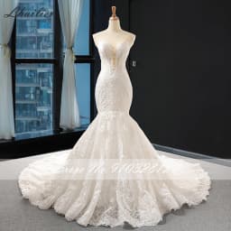 Lhuilier Customized Mermaid Lace Wedding Dresses Illusion Scoop Neck Lace Appliques Chapel Train Bridal Gown with Cape