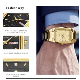 WWOOR 2026 New Square Watch Men with Automatic Week Date Luxury Stainless Steel Gold Mens Quartz Wrist Watches Relogio Masculino