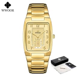WWOOR 2026 New Square Watch Men with Automatic Week Date Luxury Stainless Steel Gold Mens Quartz Wrist Watches Relogio Masculino