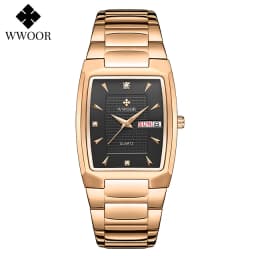 WWOOR 2026 New Square Watch Men with Automatic Week Date Luxury Stainless Steel Gold Mens Quartz Wrist Watches Relogio Masculino