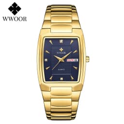 WWOOR 2026 New Square Watch Men with Automatic Week Date Luxury Stainless Steel Gold Mens Quartz Wrist Watches Relogio Masculino