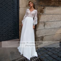 Bohemian Wedding Dress for Bride Customized Elegant Long Sleeves Lace See through V Neck A Line Sweep Train Bridal Gowns