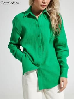 Bornladies 2025 Women's Spring Summer 100% Cotton Shirts Office Lady Fashionable Solid Lady Long Sleeve Loose Tops Crepe Shirts