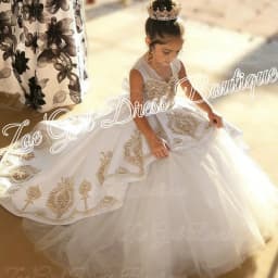 High Quality First Communion Dresses Kids Evening Ball Gown Gold Applique Bow Girls Pageant Dress Satin Tulle Flower Girl Dress