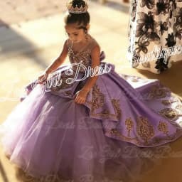 High Quality First Communion Dresses Kids Evening Ball Gown Gold Applique Bow Girls Pageant Dress Satin Tulle Flower Girl Dress