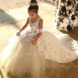 High Quality First Communion Dresses Kids Evening Ball Gown Gold Applique Bow Girls Pageant Dress Satin Tulle Flower Girl Dress