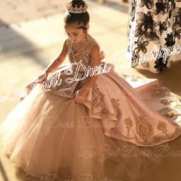 High Quality First Communion Dresses Kids Evening Ball Gown Gold Applique Bow Girls Pageant Dress Satin Tulle Flower Girl Dress