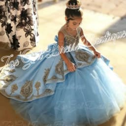 High Quality First Communion Dresses Kids Evening Ball Gown Gold Applique Bow Girls Pageant Dress Satin Tulle Flower Girl Dress