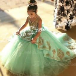 High Quality First Communion Dresses Kids Evening Ball Gown Gold Applique Bow Girls Pageant Dress Satin Tulle Flower Girl Dress