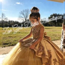 High Quality First Communion Dresses Kids Evening Ball Gown Gold Applique Bow Girls Pageant Dress Satin Tulle Flower Girl Dress