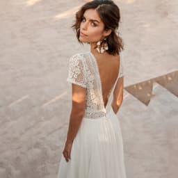 Boho Lace Short Sleeve Chiffon Wedding Dress V Back Beach Bridal Gown Custom Vestido Novia Elopement Simple White Bride Gown