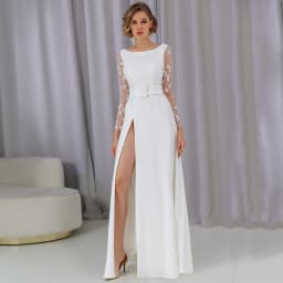 Customized Weilinsha Floor Length Side Slit Wedding Dress Lace Appliques Full Sleeves Bridal Zipper Back Court Train Gowns