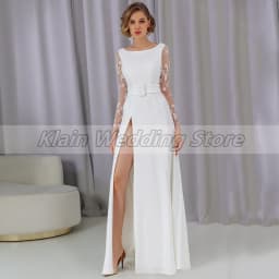 Customized Weilinsha Floor Length Side Slit Wedding Dress Lace Appliques Full Sleeves Bridal Zipper Back Court Train Gowns
